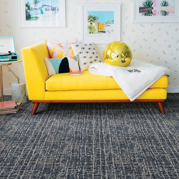 70’s and 80’s style for your living room with carpet tile flooring.