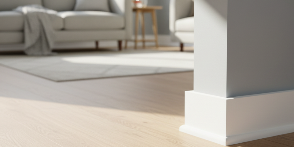 LVP flooring in a modern home with white baseboards