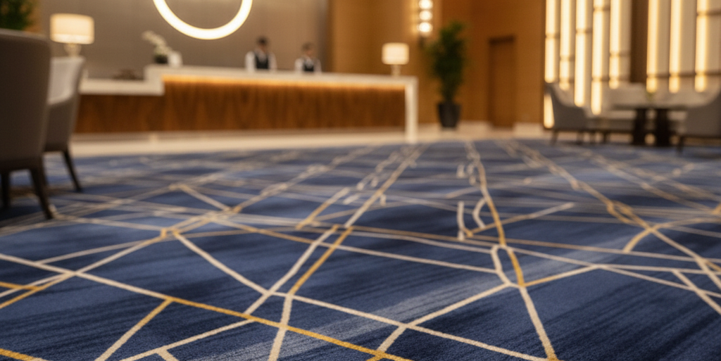 Bold Patterned carpet in a hotel lobby