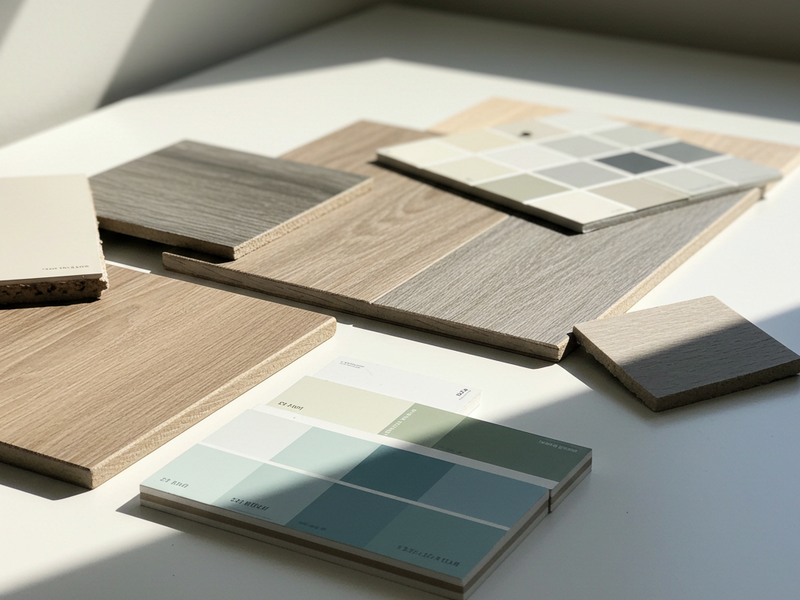 Flooring and paint samples on a flat surface