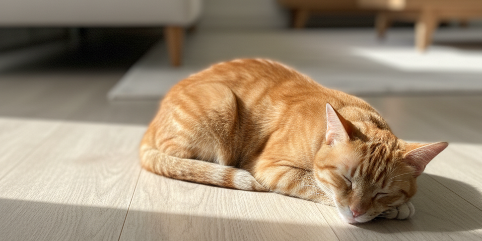 Cat sleeping on a light LVP floor